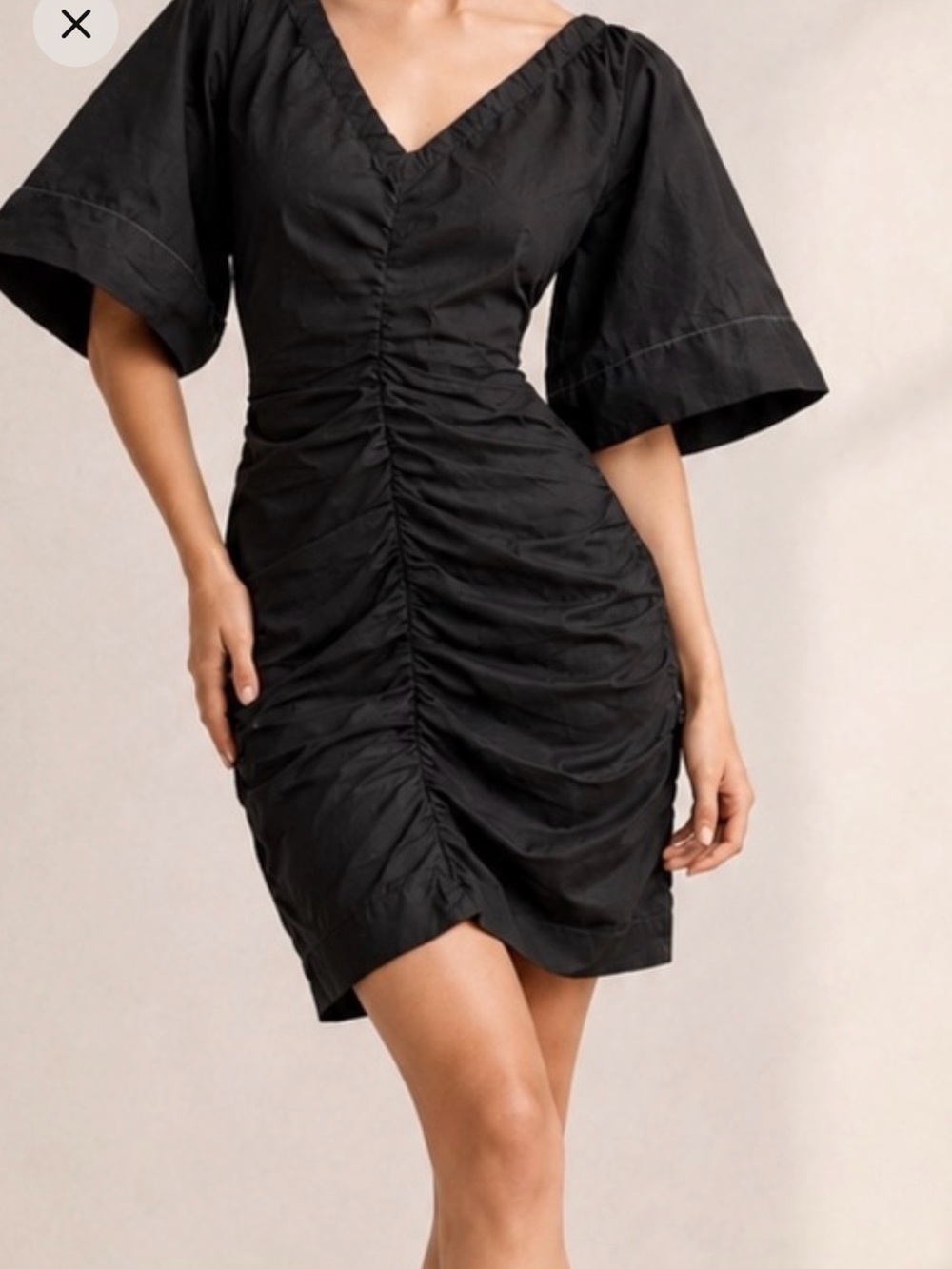 Ganni Cotton Ruched V-Neck Mini Dress in Black